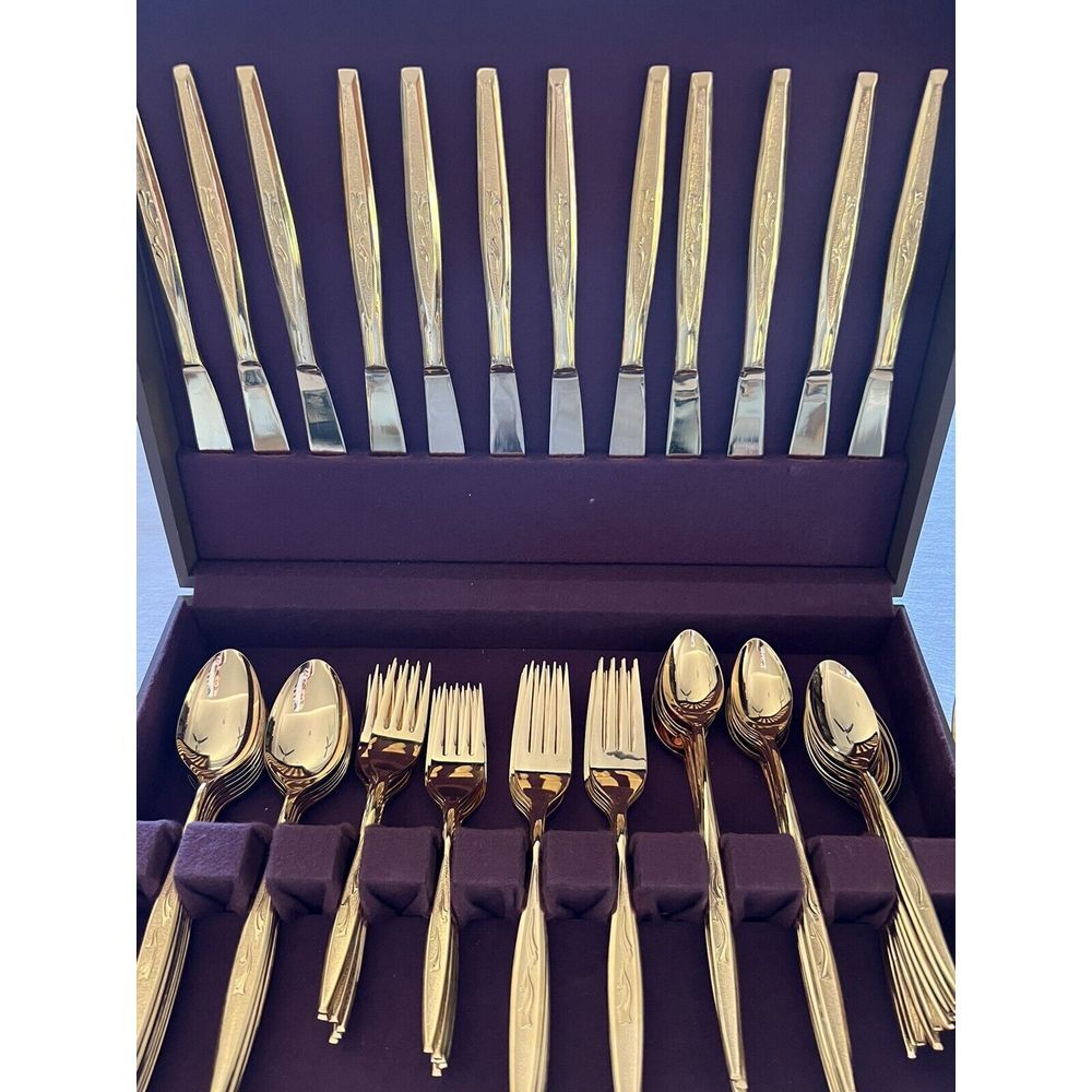 New  78 Pieces Utica Cut Co Cutlery Co Gold Electroplate Stainless silverware